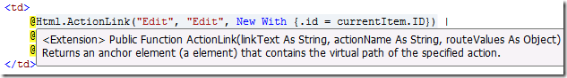 코드 편집기에서 Html.ActionLink를 보여 주는 스크린샷