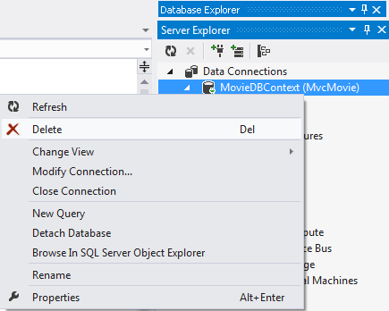 서버 Explorer 창을 보여 주는 스크린샷 삭제는 영화 D B 컨텍스트 오른쪽 클릭 메뉴에서 선택됩니다.