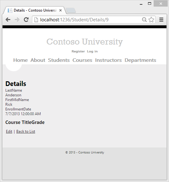 Contoso University 학생 세부 정보 페이지를 보여 주는 스크린샷