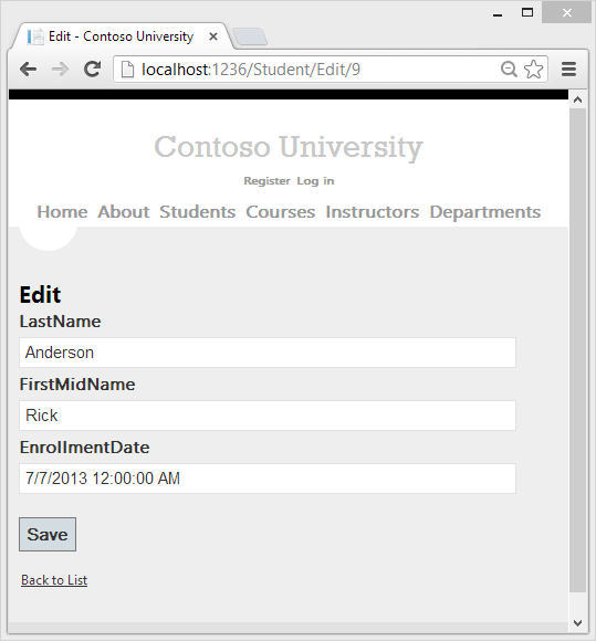 Contoso University Student Edit 페이지를 보여 주는 스크린샷