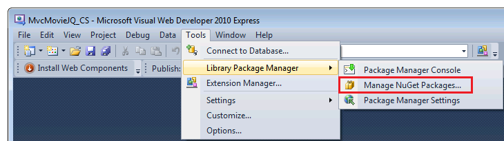 Nu Get Packages 관리 메뉴 옵션에 액세스하는 방법을 보여 주는 이미지
