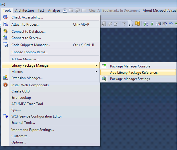Nu 패키지 가져오기 관리자에 액세스하기 위한 Visual Studio 버전을 보여 주는 이미지
