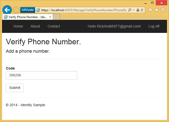 샘플 확인 코드와 그 아래에 제출 단추로 채워진 입력 막대를 보여 주는 SP 점 NET 앱 전화 번호 추가 페이지의 스크린샷.