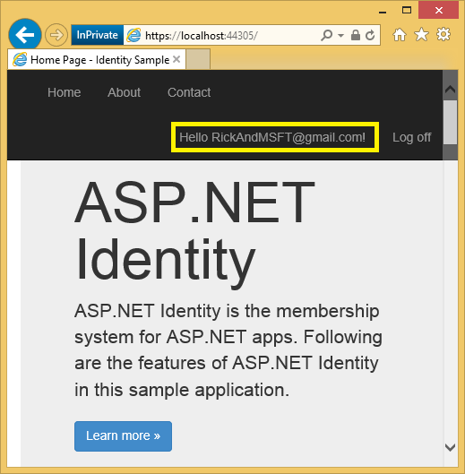 ASP dot NET 앱 홈 페이지를 표시하는 스크린샷. 샘플 사용자 ID가 강조 표시됩니다.