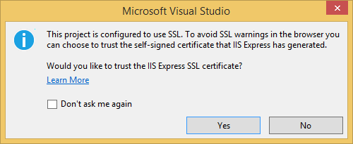 I S Express SSL 인증서를 신뢰할지 여부를 선택하라는 Visual Studio 대화 상자를 보여 주는 스크린샷