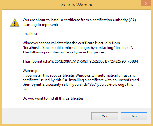 사용자에게 인증서 설치 여부를 선택하라는 Visual Studio 보안 경고 대화 상자를 보여 주는 스크린샷.