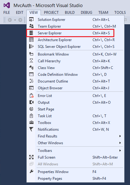 서버 Explorer 강조 표시된 Visual Studio 보기 드롭다운 메뉴를 보여 주는 스크린샷