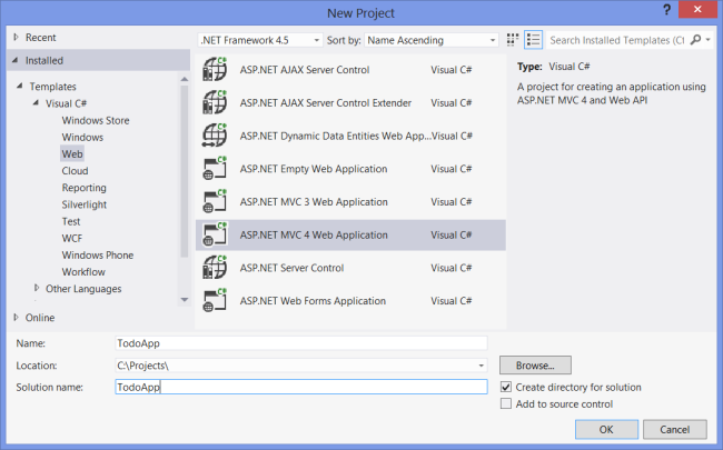 새 프로젝트 대화 상자를 보여 주는 스크린샷 A SP dot NET M V C 4 웹 애플리케이션 템플릿이 선택되어 있습니다.