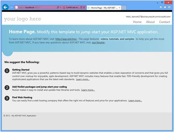 내 ASP 점 NET의 홈페이지를 보여 주는 스크린샷.