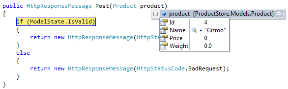 Product Store 점 모델이 있는 코드 조각의 스크린샷은 제품의 드롭다운 메뉴 옵션을 점으로 표시합니다.