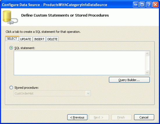 사용자 지정 SQL 문을 입력하거나 저장 프로시저 선택