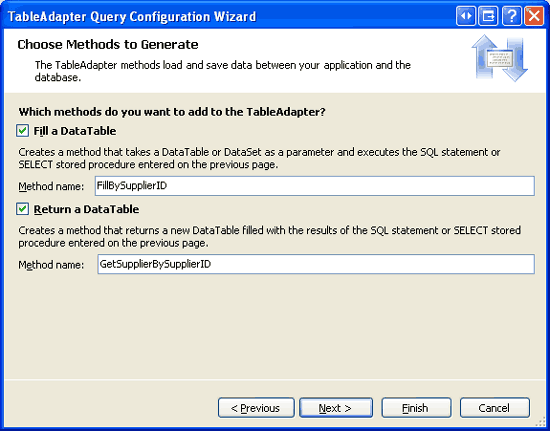 TableAdapter 메서드의 이름을 FillBySupplierID 및 GetSupplierBySupplierID로 지정합니다.