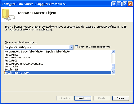 SuppliersBLLWithSprocs 클래스를 사용하도록 ObjectDataSource 구성
