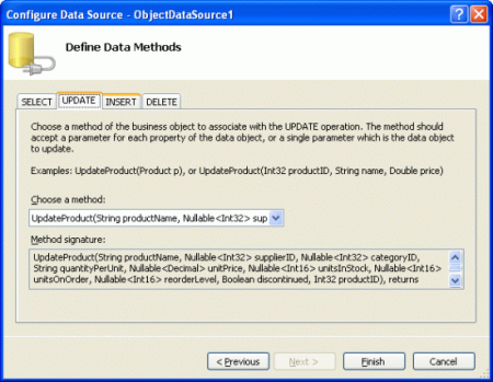 ObjectDataSource의 Update() 메서드를 ProductBLL 클래스의 UpdateProduct 메서드에 매핑