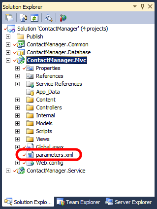 Contact Manager 솔루션에서 ContactManager.Mvc 프로젝트에는 루트 폴더에 parameters.xml 파일이 포함됩니다.