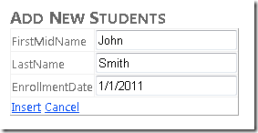 John Smith의 이름과 등록 날짜가 텍스트 필드로 채워진 새 학생 추가 보기를 보여 주는 인터넷 Explorer 창의 스크린샷