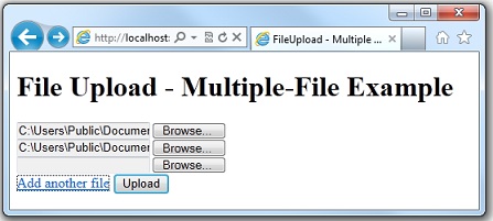 선택한 파일과 업로드 단추가 있는 두 개의 파일 선택기를 보여 주는 파일 업로드 다중 파일 예제 웹 브라우저 페이지의 스크린샷.