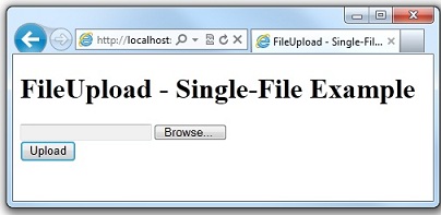 파일 선택기와 업로드 단추를 보여 주는 파일 업로드 단일 파일 예제 웹 브라우저 페이지의 스크린샷
