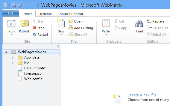 WebMatrix에서 새 WebPagesMovies 사이트 열기