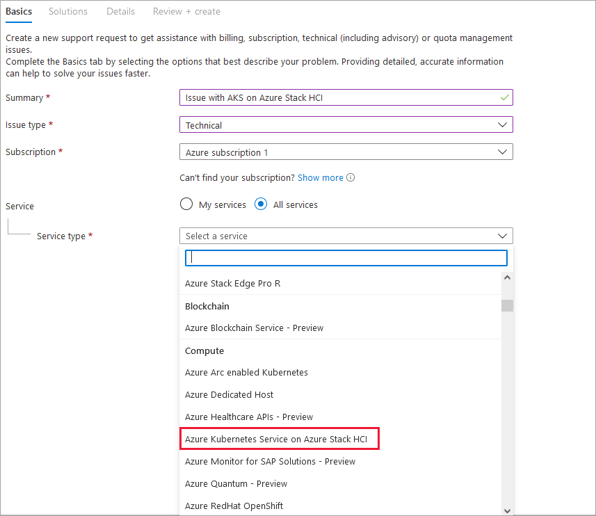 Illustrates selecting the AKS on Azure Stack HCI and Windows Server product
