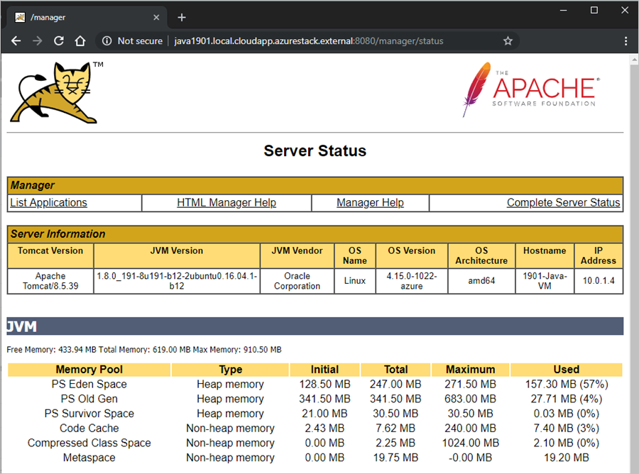 Azure Stack Hub VM의 Apache Tomcat