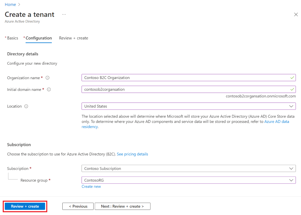 Create tenant form in with example values in Azure portal