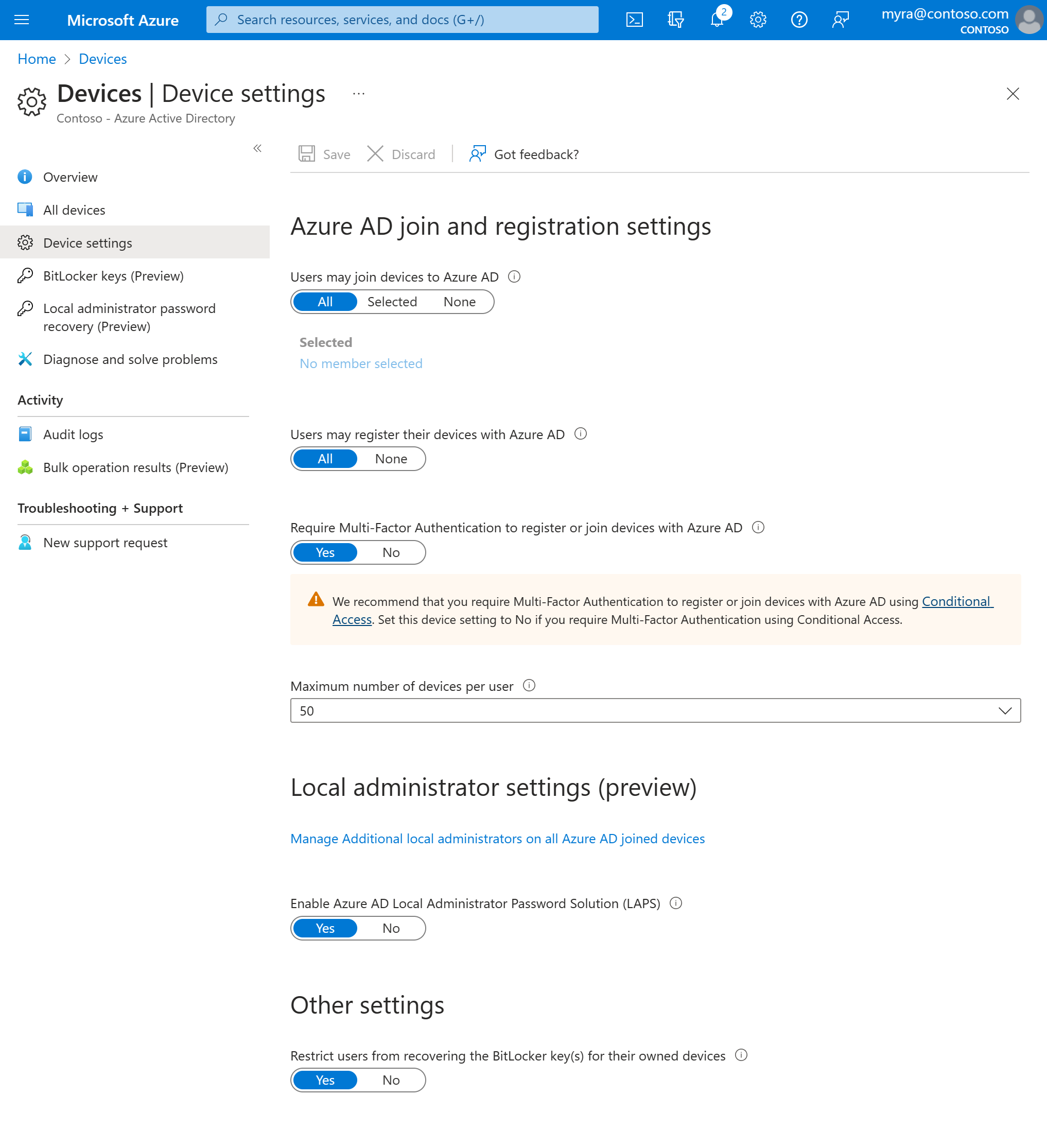 Microsoft Entra ID와 관련된 디바이스 설정을 보여 주는 스크린샷