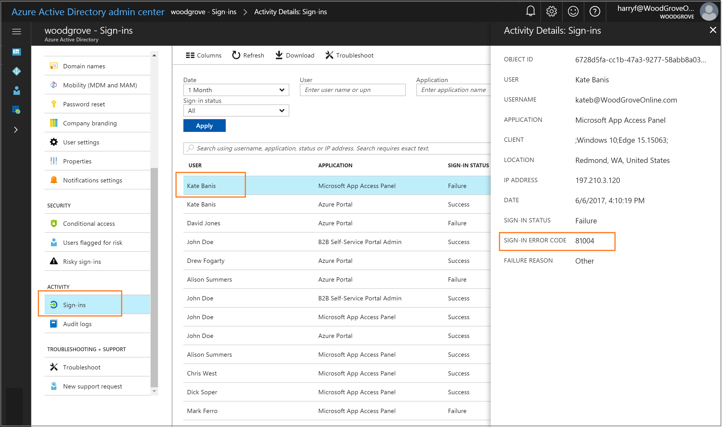 Azure Active Directory admin center: Sign-ins report