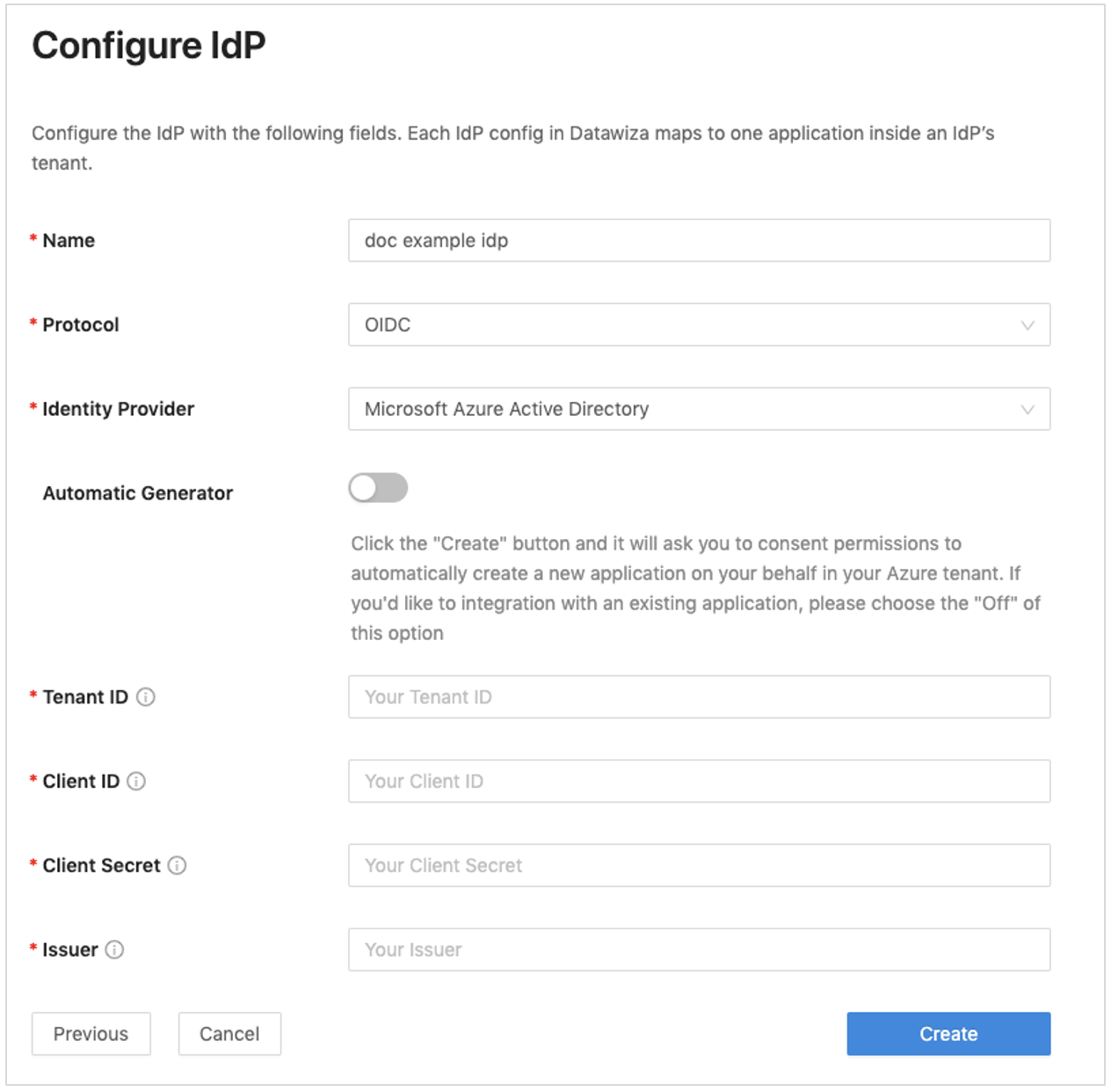 image shows configure idp using form