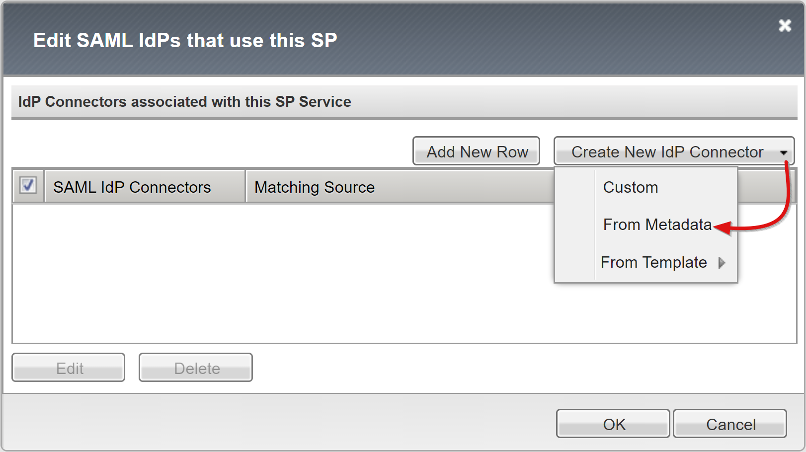 SAML IdP 편집 페이지의 메타데이터 원본 옵션 스크린샷.
