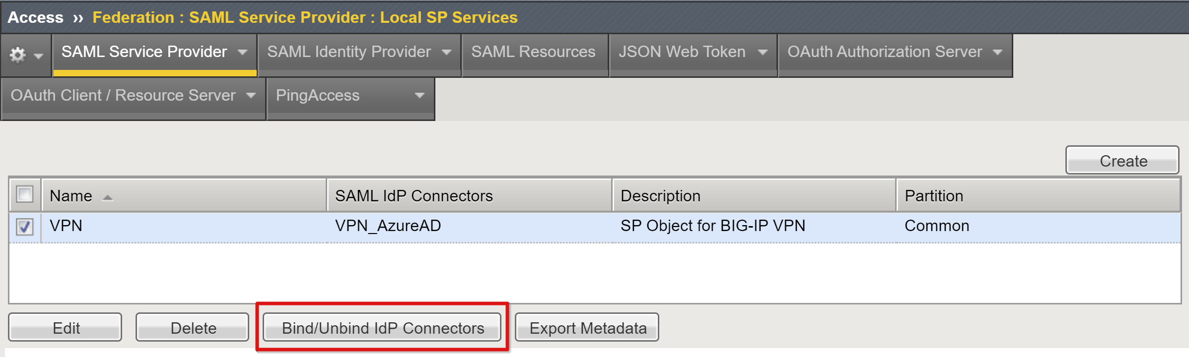 로컬 SP 서비스 페이지의 바인딩되지 않은 IDP 커넥트ions 바인딩 옵션 스크린샷