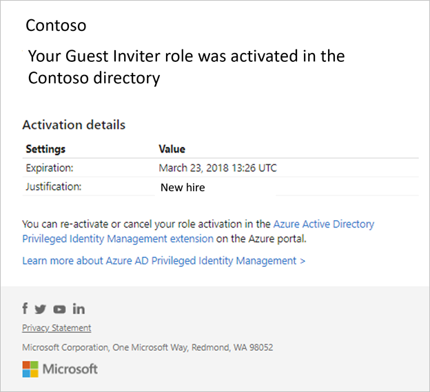 Microsoft Entra 역할에 대한 새 Privileged Identity Management 이메일을 보여 주는 스크린샷