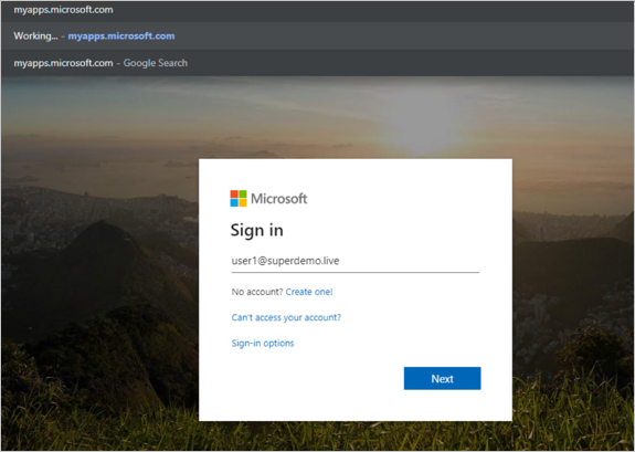 Screenshot of a myapps.microsoft.com window with a background image and a Sign in dialog.