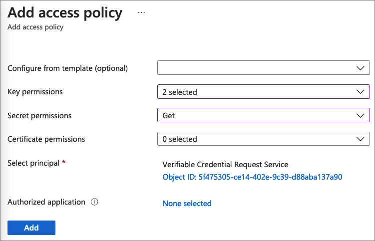 Screenshot that demonstrates how to add an access policy for the Verifiable Credential Request Service.