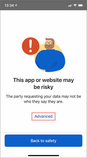 위험한 Authenticator 앱 경고에서 고급을 선택하는 방법을 보여 주는 스크린샷