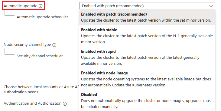 Azure Portal에서 AKS 클러스터에 대한 만들기 블레이드의 스크린샷. 자동 업그레이드 필드에는 '패치 사용(권장)'이 선택되어 있습니다.