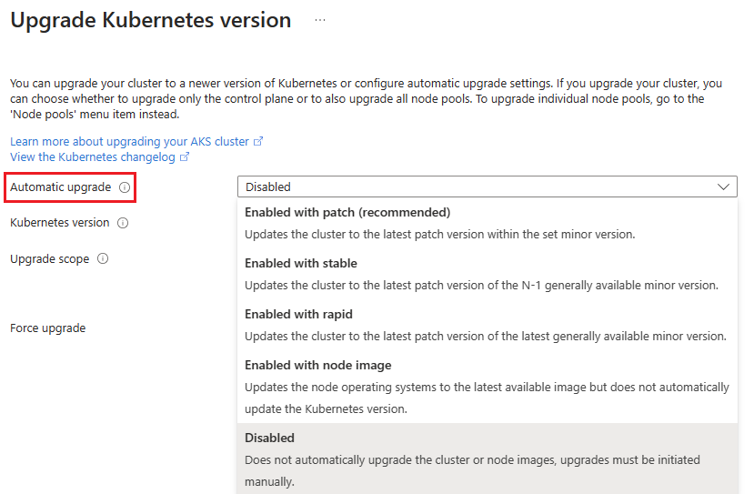 Azure Portal의 AKS 클러스터에 대한 Kubernetes 업그레이드 페이지의 스크린샷.
