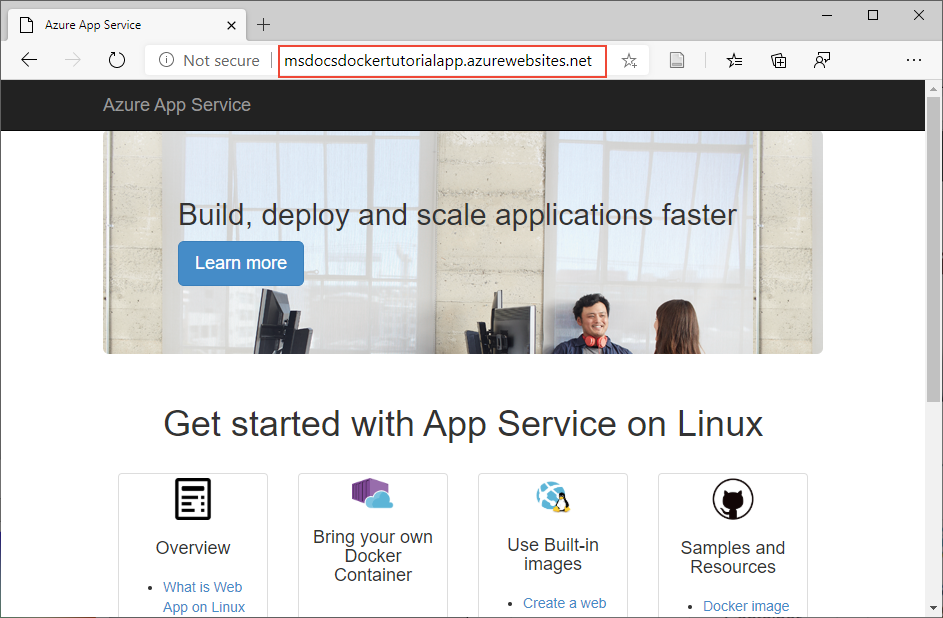 Azure에서 성공적으로 실행되는 웹앱을 보여 주는 브라우저의 스크린샷.
