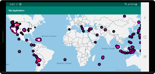 최근 지진의 사용자 지정 열 지도 계층이 포함된 지도
