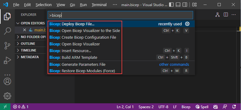 Screenshot of Visual Studio Code Bicep commands in the command palette.