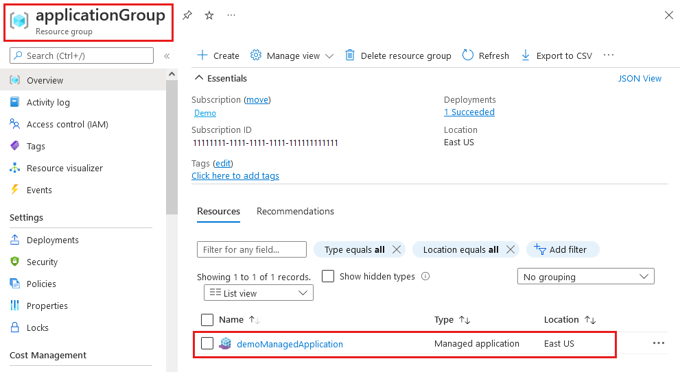 Screenshot that shows the resource group that contains the managed application.