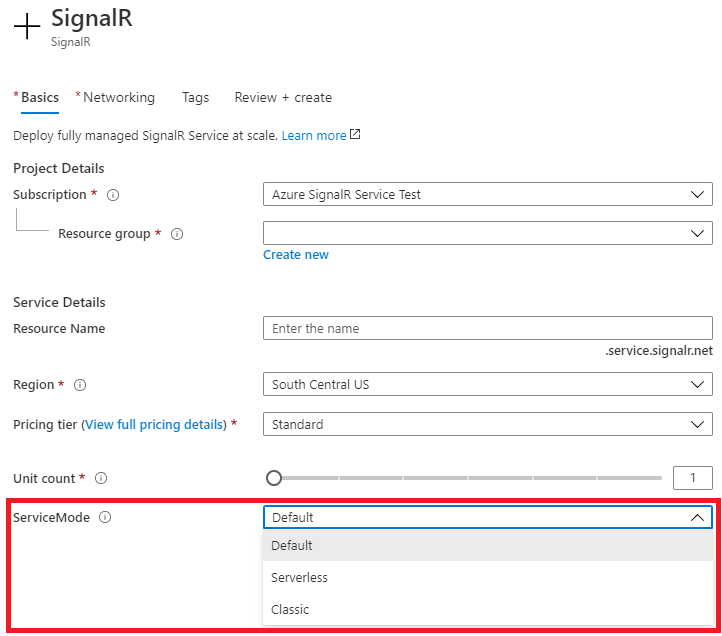 Azure portal – Choose service mode when creating a SignalR Service