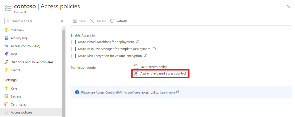 Screenshot of Azure role-based access control selected as the vault permission model.