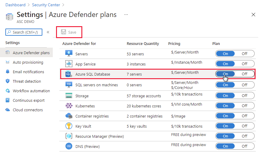 Enabling Microsoft Defender for Azure SQL Database at the subscription level.