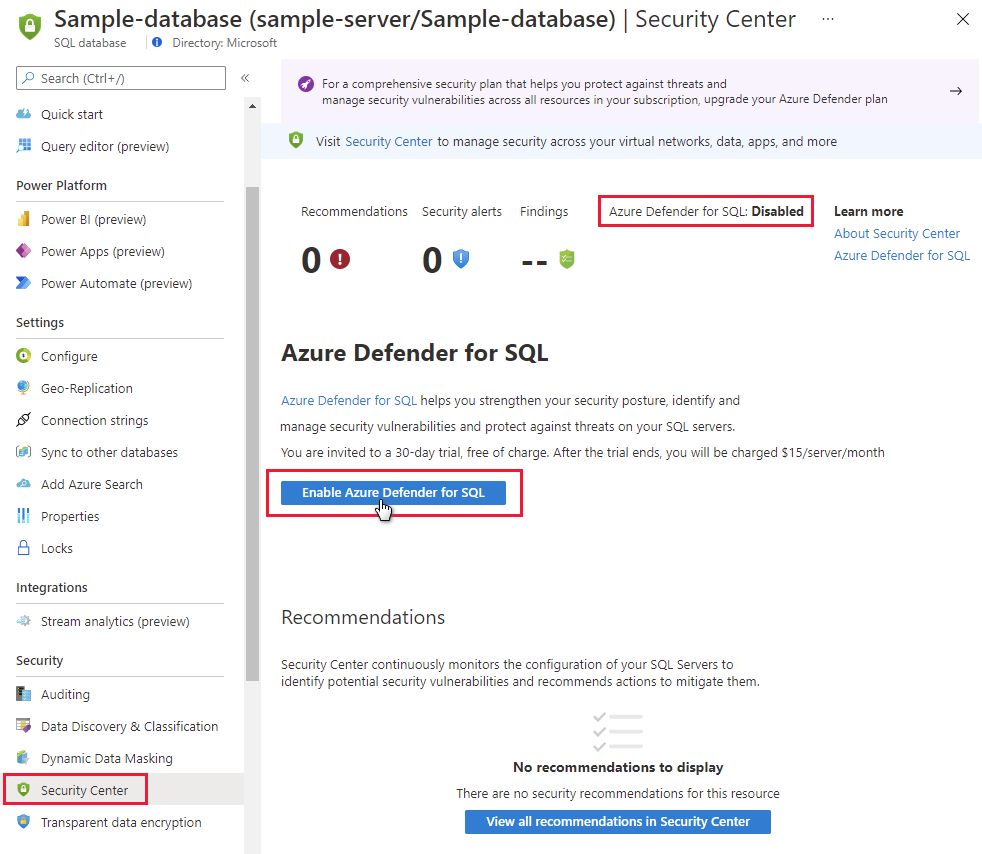 Enable Microsoft Defender for SQL from within Azure SQL databases.