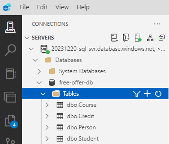 Screenshot of created tables in ADS.