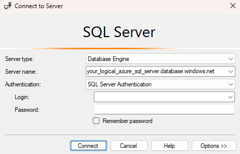 Screenshot of the connect to an Azure SQL Database logical server server dialog box in SQL Server Management Studio (SSMS).