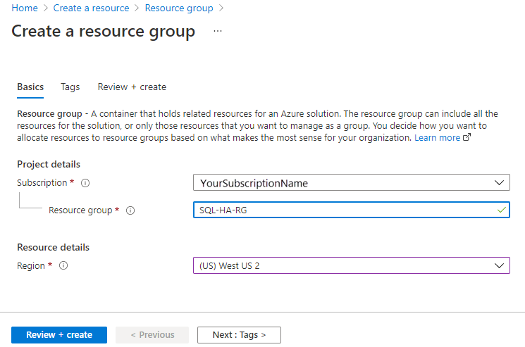Fill out the values to create your resource group in the Azure portal. 