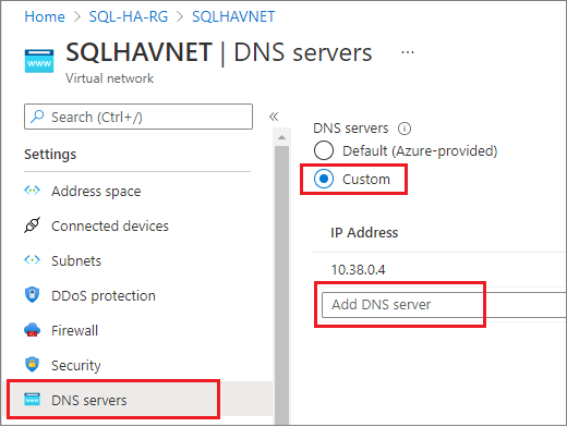  Select DNS servers under the Settings pane and then select Custom. Enter the private IP address you identified previously in the IP Address field, such as 10.38.0.4. 