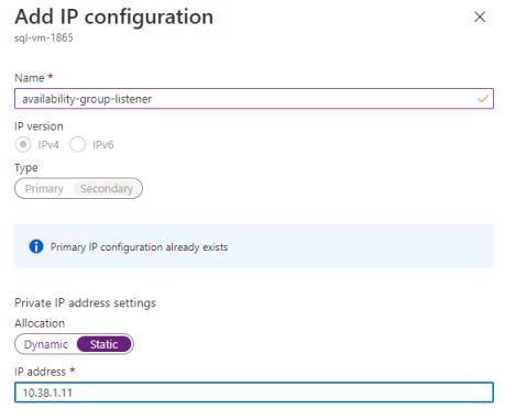 Select + Add again to configure an additional IP address for the availability group listener (with a name such as availability-group-listener), again using an unused IP address in SQL-subnet-1 such as 10.31.1.11
